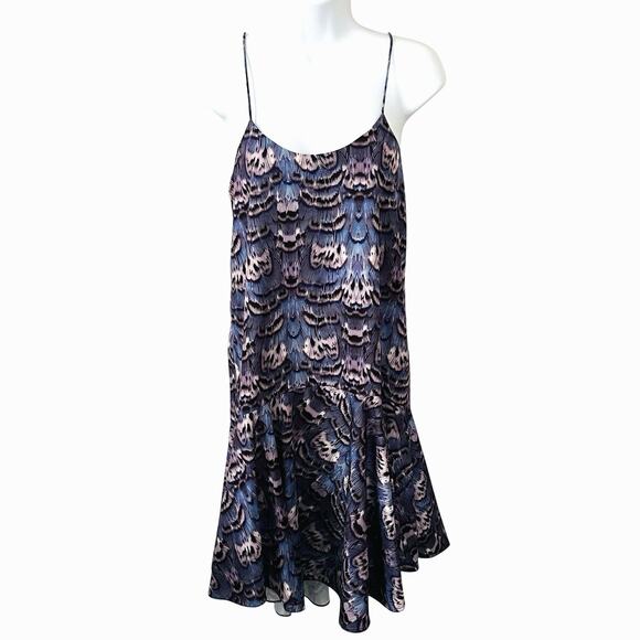 Tibi Slip Dress Women's Size 4 Ibis Drop Waist Rufle Purple Blue Feather Print - Picture 2 of 9